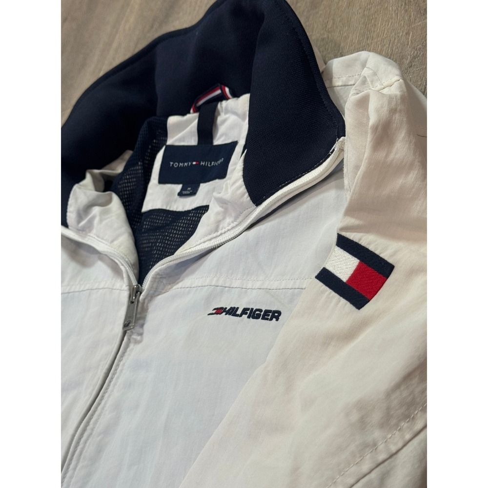 Tommy Hilfiger Mens Medium White Windbreaker Bomber Jacket w/ Tuckaway Hood